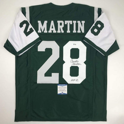 Autographed/Signed Curtis Martin HOF 12 New York Green Football Jersey Beckett BAS COA
