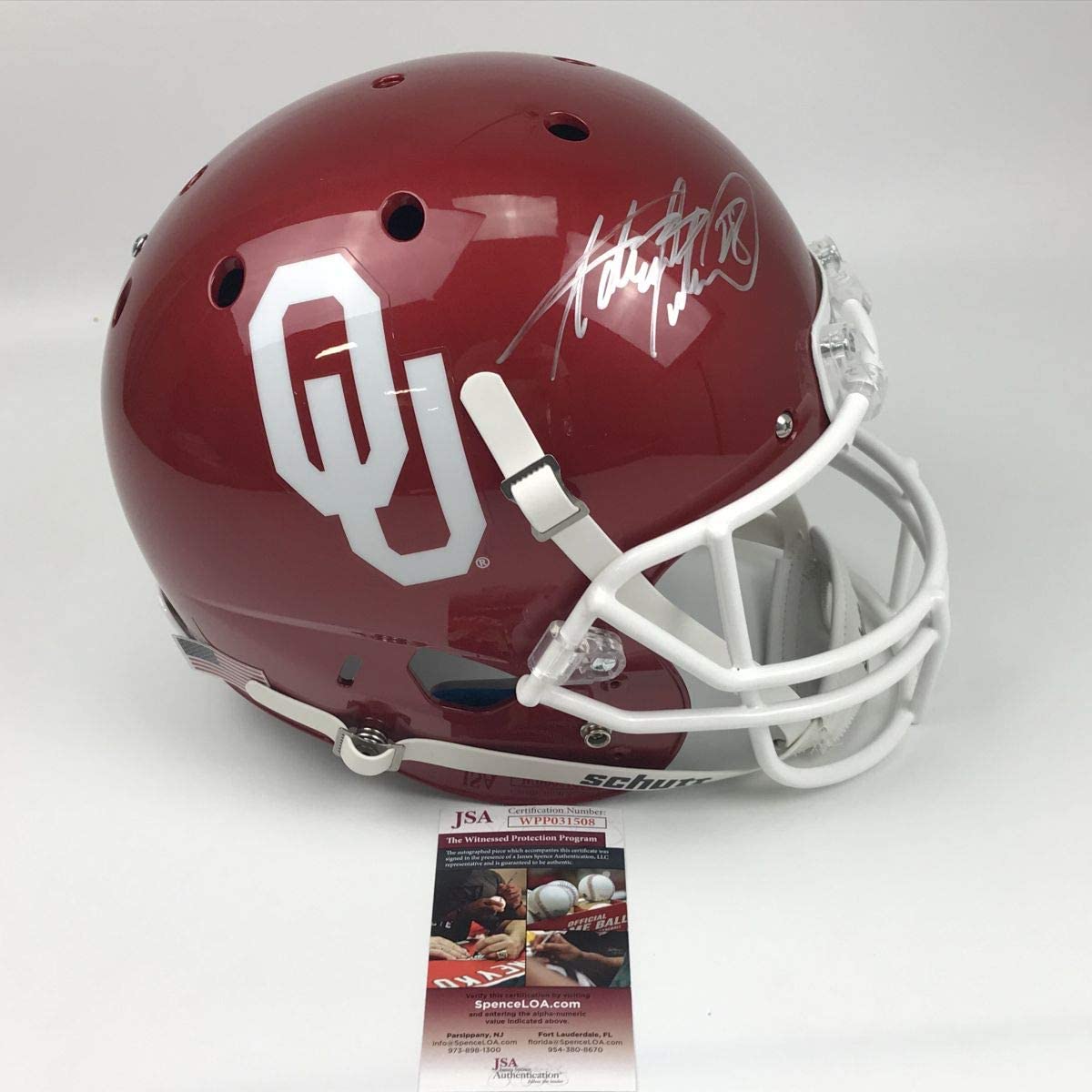 Autographed/Signed Adrian Peterson Oklahoma Sooners Full Size FS F/S Replica College Football Helmet JSA COA