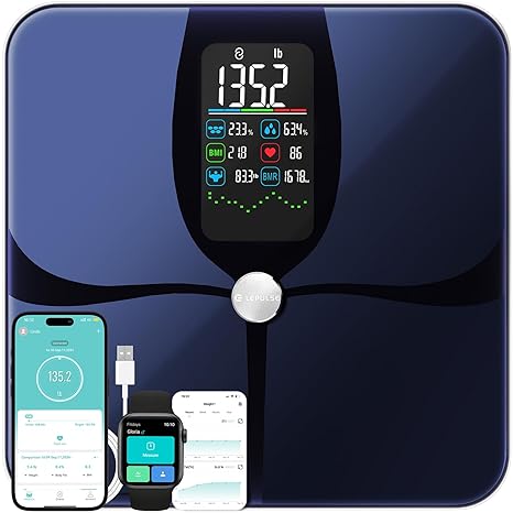 Lepulse Body Fat Scale for Body Weight and Fat, Extra Large Display Smart Weight Scale with BMI, Body Fat, Muscle Mass, Heart Rate, Upgrated 22 Body Composition Scale with App, Bathroom Scale Black