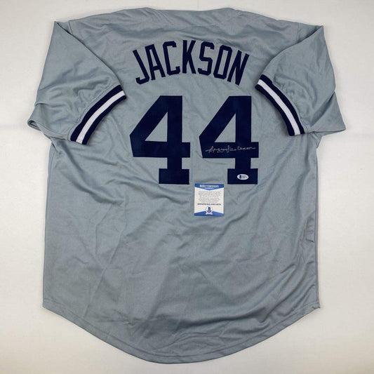 Autographed/Signed Reggie Jackson New York Grey Baseball Jersey Beckett BAS COA