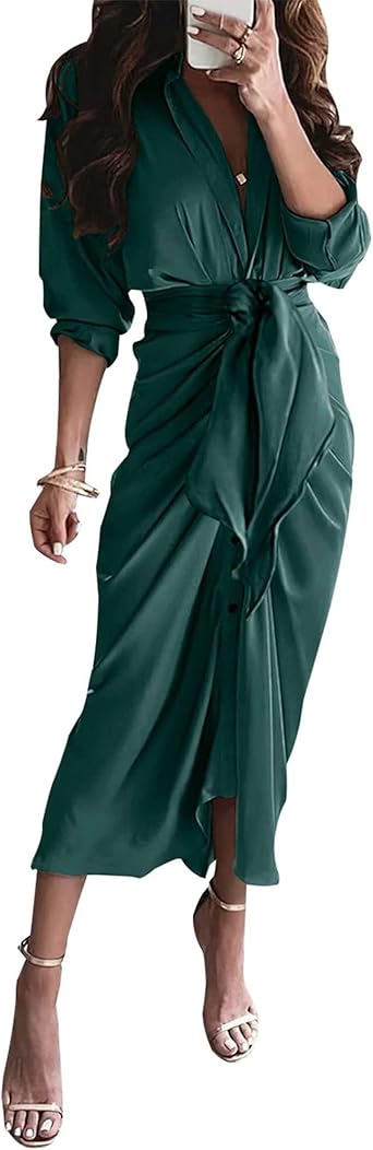 BTFBM Women Long Sleeve Satin Dress 2024 Summer Fall Lapel V Neck Button Down Belted Elegant Ruched Maxi Shirt Dresses