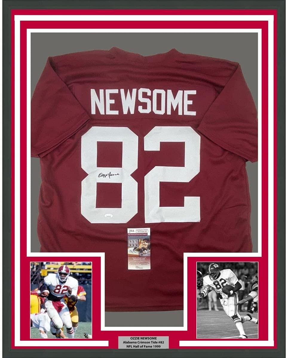 Framed Autographed/Signed Ozzie Newsome 35x39 Alabama Red College Football Jersey JSA COA