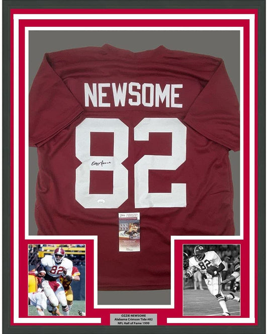 Framed Autographed/Signed Ozzie Newsome 35x39 Alabama Red College Football Jersey JSA COA