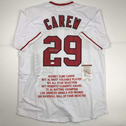 Autographed/Signed Rod Carew Los Angeles White Stat Baseball Jersey JSA COA