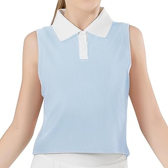 Girls Sleeveless Polo Shirts Athletic Tank Tops Golf Tennis T-Shirts with Collared Quick Dry Crop Tops