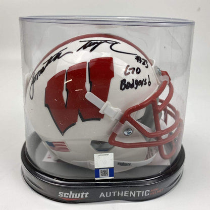Autographed/Signed Jonathan Taylor Inscribed Go Badgers Wisconsin White College Football Mini Helmet JSA COA