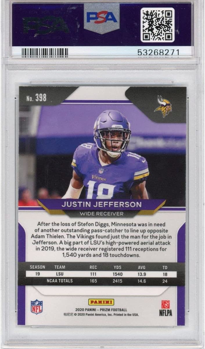 Graded 2020 Panini Prizm Justin Jefferson #398 SP Rookie RC Football Card PSA 10 Gem Mint