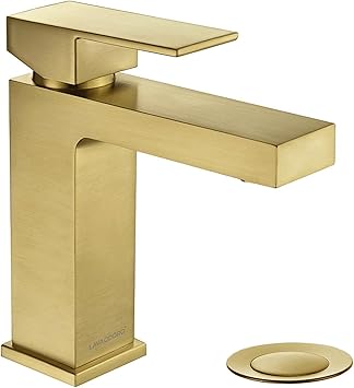 Brushed Gold Bathroom Faucet Single Hole, Lava Odoro Brass Bathroom Sink Faucet Single Handle Gold Vanity Faucet with Drain Assembly, Deck Plate Included, BF307-SG