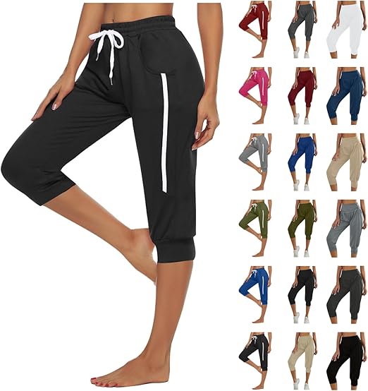 XUNRYAN Women's Capri Pants Cropped Joggers with Pockets Workout Sweatpants Athletic Boho Palazzo Trousers Bermuda Shorts