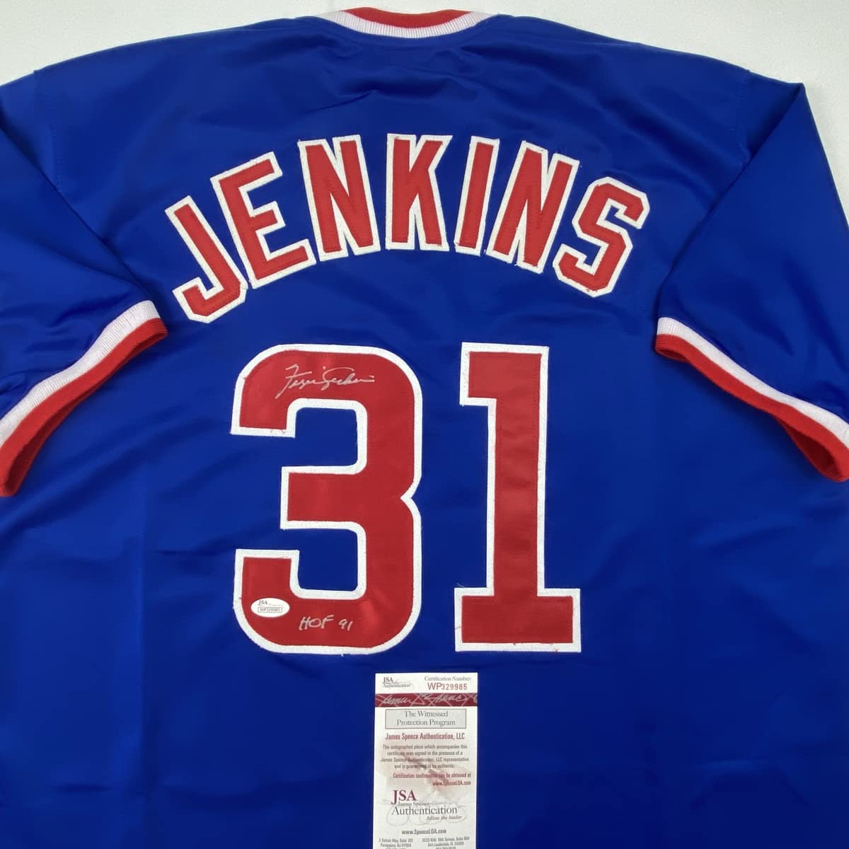 Autographed/Signed Ferguson Fergie Jenkins HOF 91 Chicago Blue Baseball Jersey JSA COA