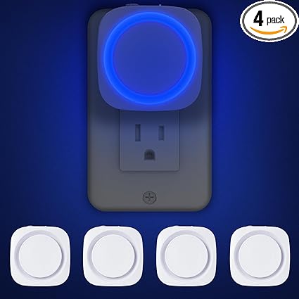 Blue Night Lights Plug into Wall, 4 Packs Dimmable Night Light with Dust to Dawn Sensor, Automatically Turn on and Off, Gentle Glow Nightlight for Bathroom, Bedroom, Stairs, Kitchen, Hallway, Blue