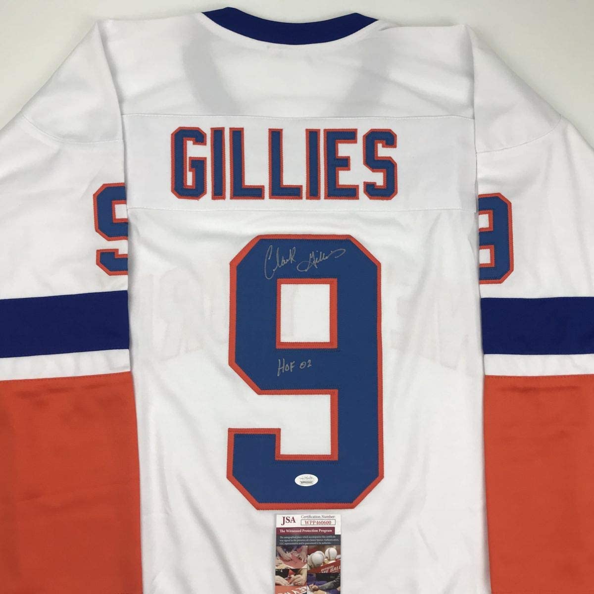 Autographed/Signed Clark Gillies HOF 02 New York White Hockey Jersey JSA COA