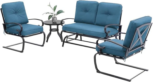 4 Pieces Metal Outdoor Furniture Patio Conversation Set, Glider Chairs Set with Round Side Table, Spring Lounge Chair Sets Metal Frame Wrought Iron Look (Peacock Blue)