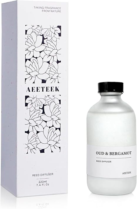 Oud Bergamot Scented Oil Refill for Reed Diffuser & Waterless Diffuser, 7.4oz(220ml) Orange & Cedar Wood Essential Oils, Air Freshener for Bathroom with Willow Branches Decor (1-Pack)