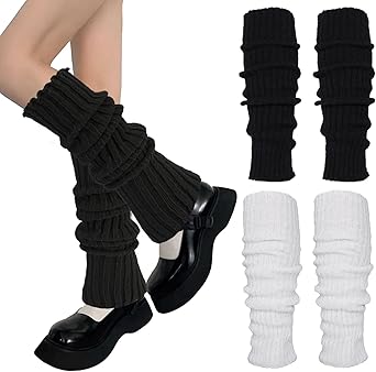 Teaaha 2 Pairs Ballet Leg Warmers for Women Winter, 80s 90s White Black Leg Warmer Soft Warm Leg Warmwrs Outfit Fashion Knit Neon Ribbed Leg Socks Y2k Legwarmers for 80s Party, Yoga, Ballet & Dance