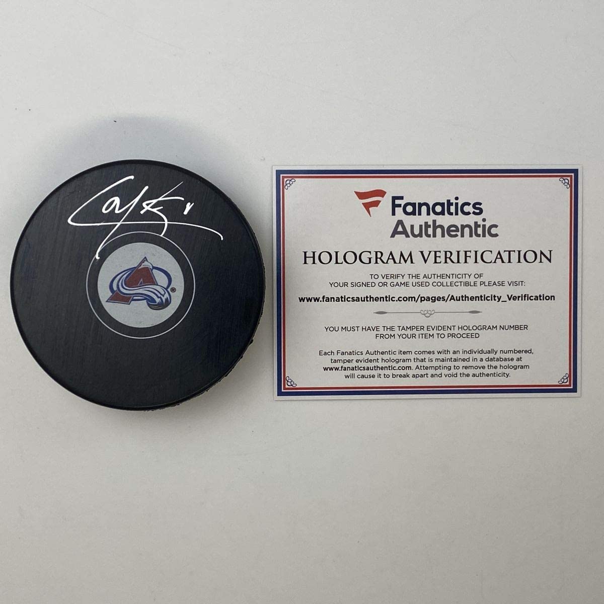 Autographed/Signed Cale Makar Colorado Avalanches Logo Hockey Puck Fanatics COA