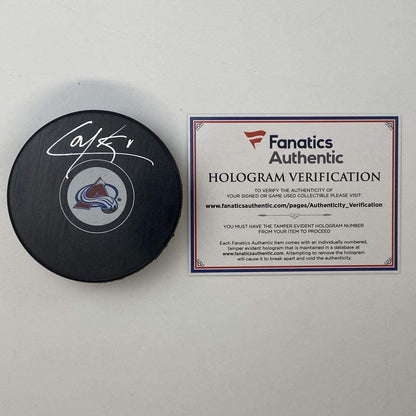 Autographed/Signed Cale Makar Colorado Avalanches Logo Hockey Puck Fanatics COA