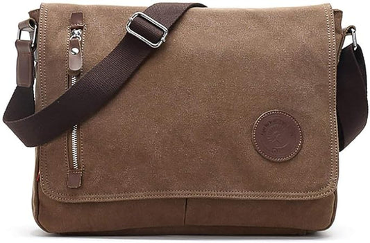 Unisex Messenger Bag Casual Canvas Bag Shoulder Sling Bag Satchel Messenger Bag for Men Work Office 13 inch Laptop Bag (Medium-Coffee)