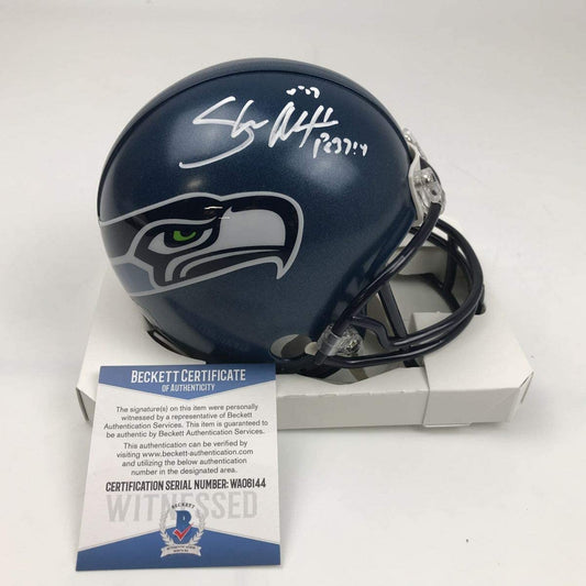 Autographed/Signed Shaun Alexander Seattle Seahawks Football Mini Helmet Beckett BAS COA