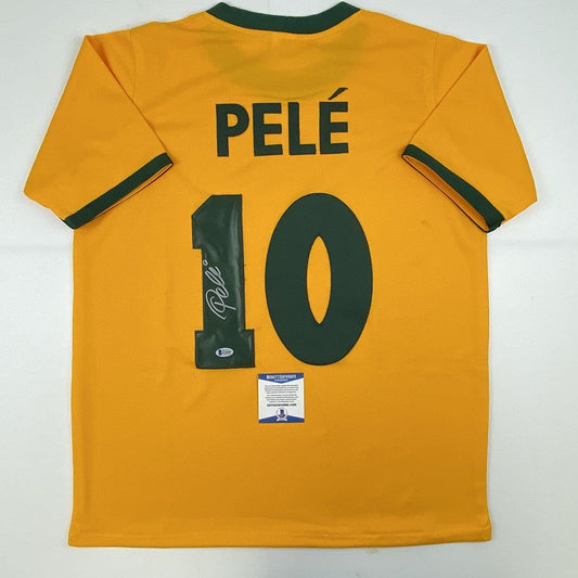 Autographed/Signed Pele Brazil Yellow Soccer Futbol Jersey Beckett BAS COA Auto