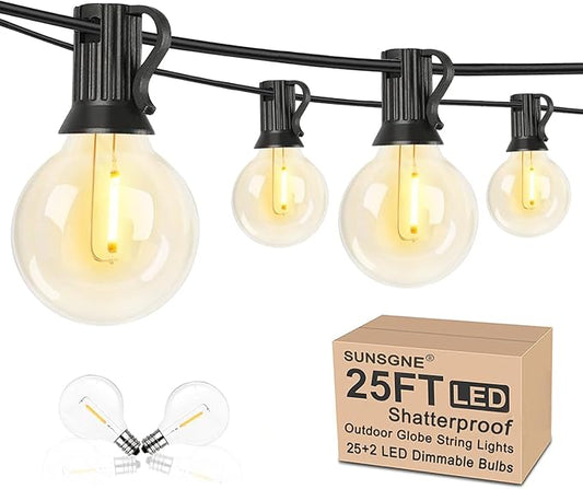 25Ft Globe Led Outdoor String Lights Waterproof Shatterproof, Connectable Hanging Patio String Lights with 25 LED Plastic Clear Bulbs, Outdoor Indoor Lights for Caf’© Bistro Pergola Tents, Black Wire