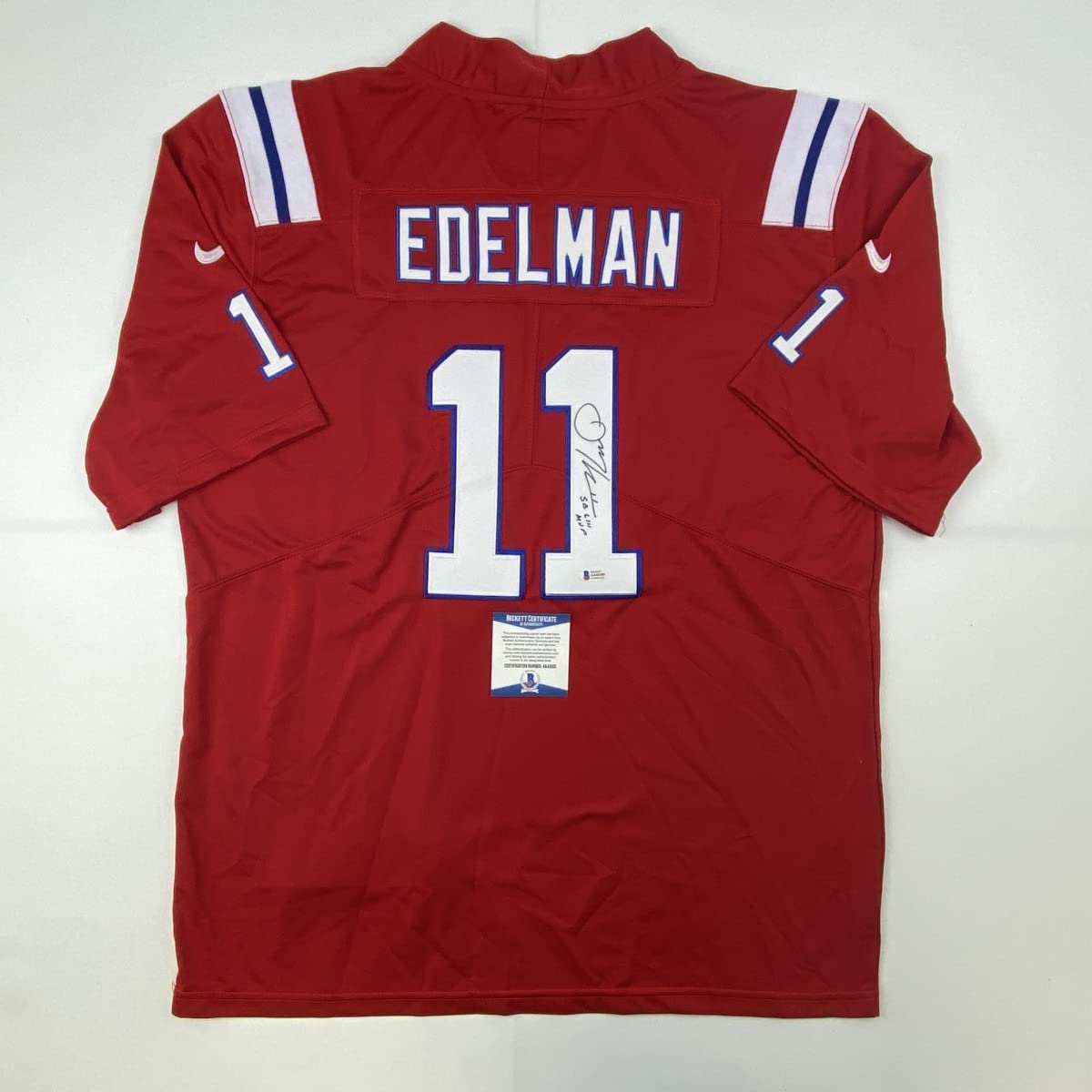 Autographed/Signed Julian Edelman SB LIII MVP New England Red Football Jersey Beckett BAS COA