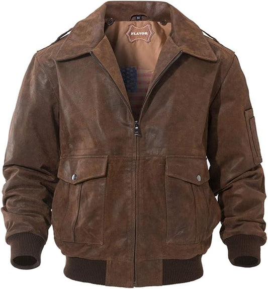 FLAVOR Men's Leather Flight Bomber Jacket Air Force Aviator