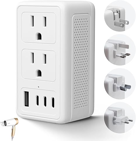 220V to 110V Voltage Converter US to Europe, Power Converter European Travel International Universal Travel for Hair Dryer Plug Adapter with 1 USB 3 USB C (White)