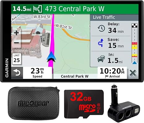 Garmin 010-N2038-02 Drivesmart 65T GPS Navigator (Renewed) | Official USA Partner Model | Bundle with Dual DC12V/24V Electronic Car Socket, 32GB MicroSD Card & Deco Gear Hard EVA Case with Zipper