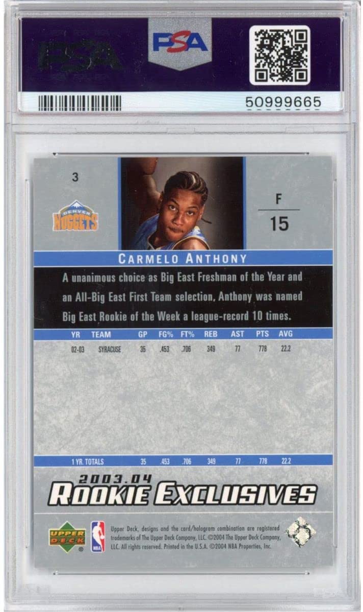 Graded 2003-04 Upper Deck UD Carmelo Anthony #3 Rookie Exclusives RC Basketball Card PSA 10 Gem Mint