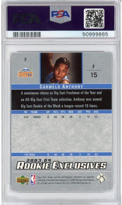 Graded 2003-04 Upper Deck UD Carmelo Anthony #3 Rookie Exclusives RC Basketball Card PSA 10 Gem Mint