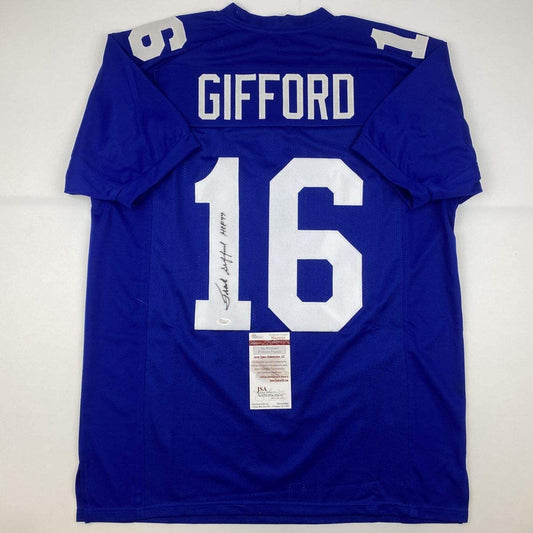 Autographed/Signed Frank Gifford HOF 77 New York Blue Football Jersey JSA COA