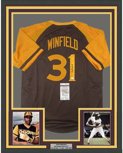 Framed Autographed/Signed Dave Winfield 35x39 San Diego Brown Baseball Jersey JSA COA
