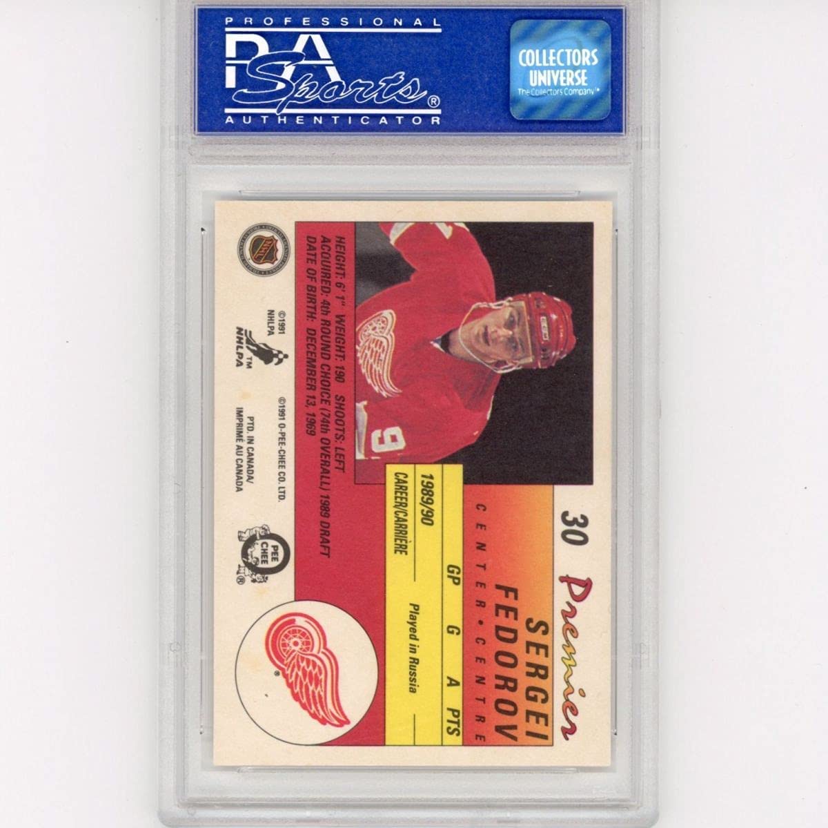 Graded 1990-91 O-Pee-Chee OPC Premier Sergei Fedorov #30 Rookie RC Hockey Card PSA 9 Mint