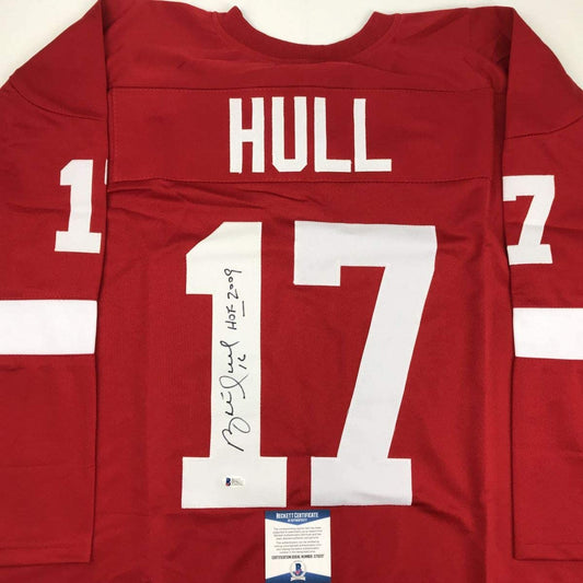 Autographed/Signed Brett Hull HOF 2009 Detroit Red Hockey Jersey Beckett BAS COA