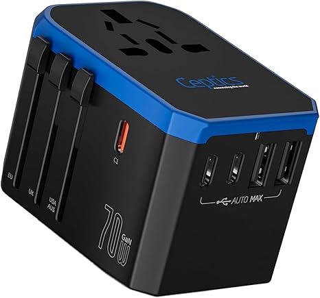 Ceptics 70W World International Travel Plug Adapter - Powerful GaN Tech with Pd & QC 3.0 Dual 3X USB-C Power - 2 USB Ports Wall Charger Type I C G A Outlets 110V 220V A/C - EU Euro US UK (70-KU)