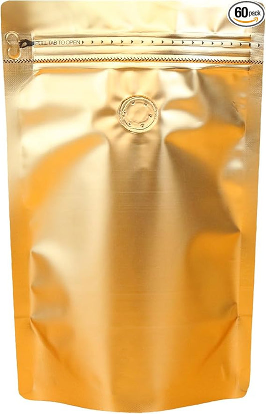 60 Pack Stand up Coffee Bean Bag with Valve Matte Metallic Ziplock Bags Heat-Sealable Resealable Solid Color Pouches for Food Storage (Gold, 9 * 13.3 inch, 2 lb)