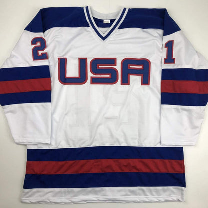 Autographed/Signed Mike Eruzione White Team USA Miracle On Ice 1980 Hockey Jersey JSA COA