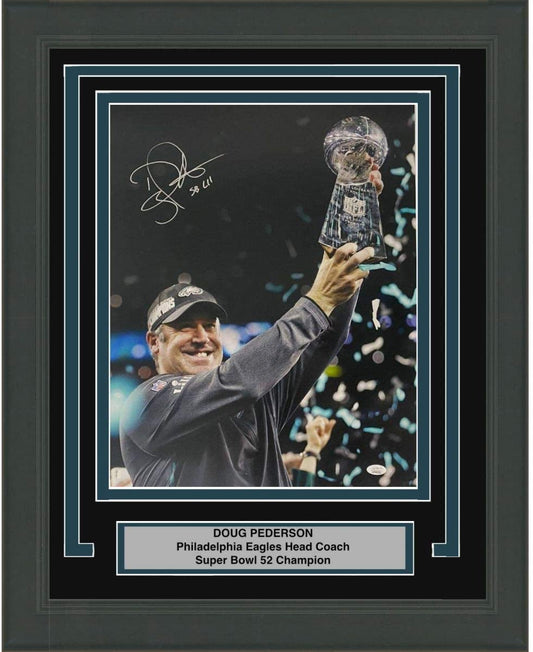 Framed Autographed/Signed Doug Pederson Inscribed SB LII Philadelphia Eagles Super Bowl 52 Champions 16x20 Football Photo JSA COA