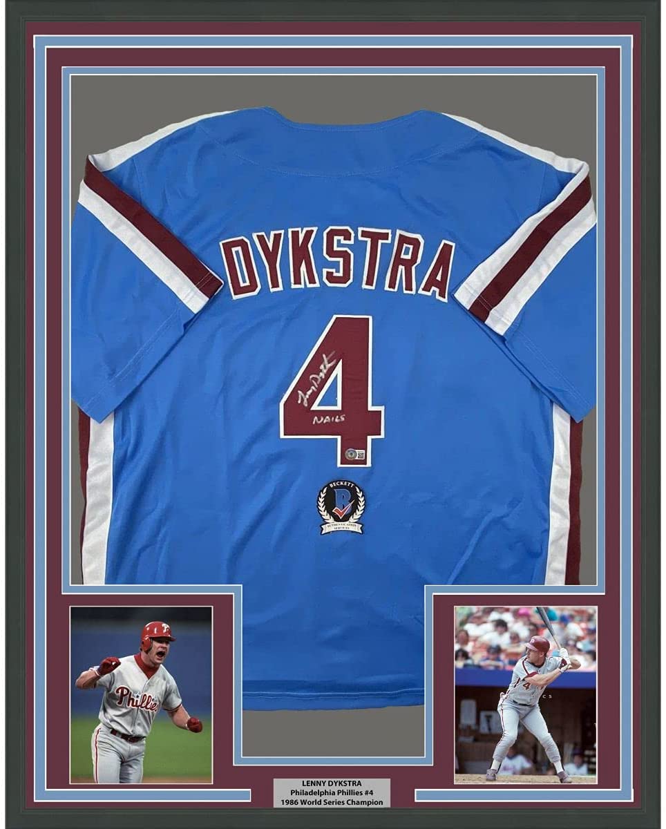 Framed Autographed/Signed Lenny Dykstra Nails 35x39 Philadelphia Blue Retro Baseball Jersey JSA COA