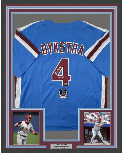 Framed Autographed/Signed Lenny Dykstra Nails 35x39 Philadelphia Blue Retro Baseball Jersey JSA COA