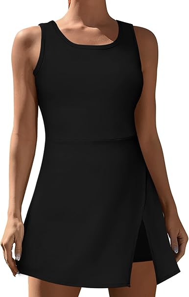 Women's Sleeveless Golf Tennis Dress Crew Neck Side Slit Workout Athletic Dresses with Built-in Bra Shorts and Pocket