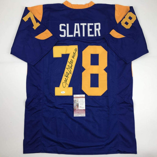 Autographed/Signed Jackie Slater HOF 01 Los Angeles LA Retro Blue Football Jersey JSA COA