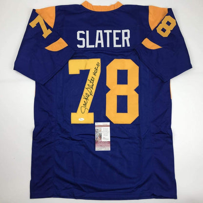 Autographed/Signed Jackie Slater HOF 01 Los Angeles LA Retro Blue Football Jersey JSA COA