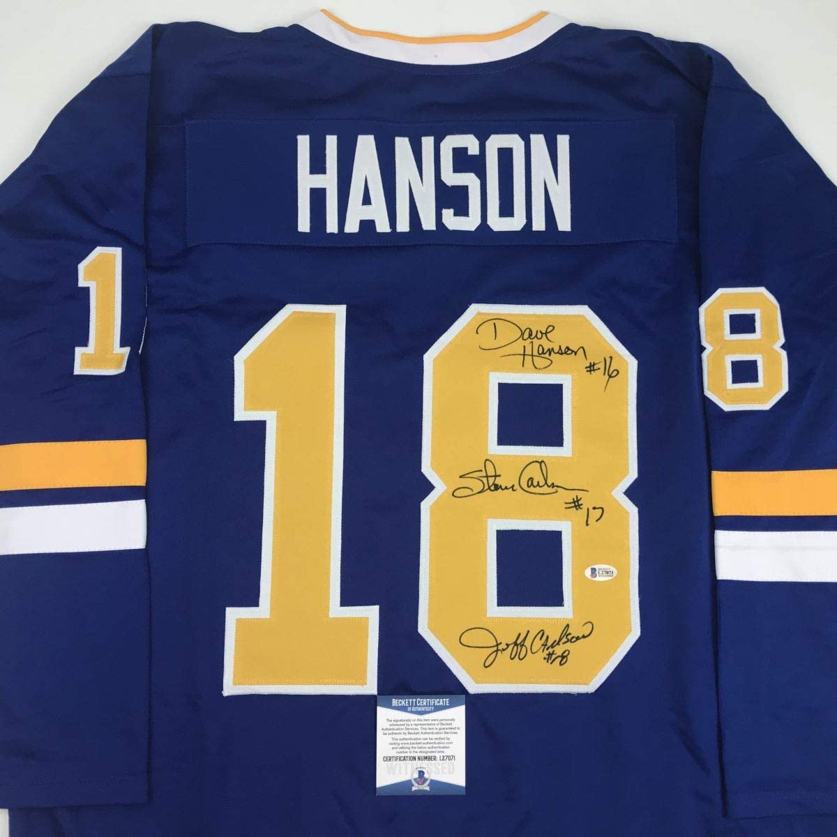 Autographed/Signed Hanson Brothers Chiefs Slap Shot Movie #18 Blue Hockey Jersey Beckett BAS COA
