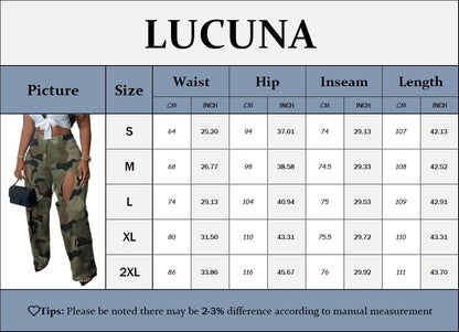 Womens Camo Cargo Pants High Waist Y2K Baggy Cut Out Straight Leg Casual Trousers Streetwear