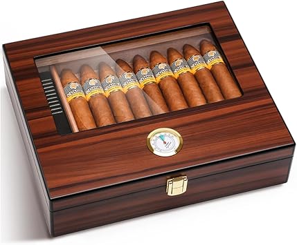 Bald Eagle Cigar Humidor, Glass Top Box with Humidifier Hygrometer, Handmade Desktop Cedar Wood Case Holds 25-30 Cigars