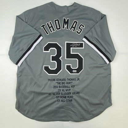 Autographed/Signed Frank Thomas Chicago Grey Stat Baseball Jersey Beckett BAS COA