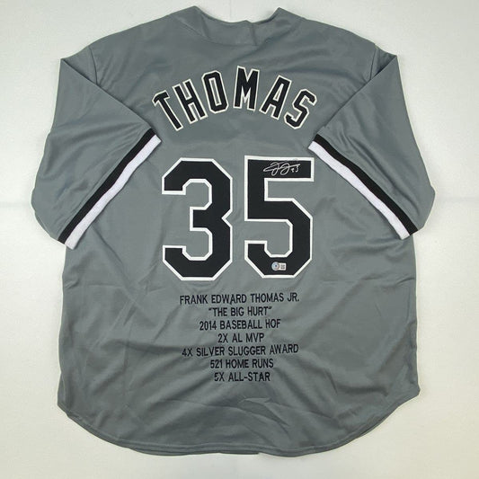Autographed/Signed Frank Thomas Chicago Grey Stat Baseball Jersey Beckett BAS COA