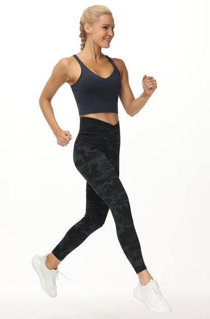 Women's V Cross Waist Yoga Leggings High Waisted Tummy Control Workout Running Pants Black Camo
